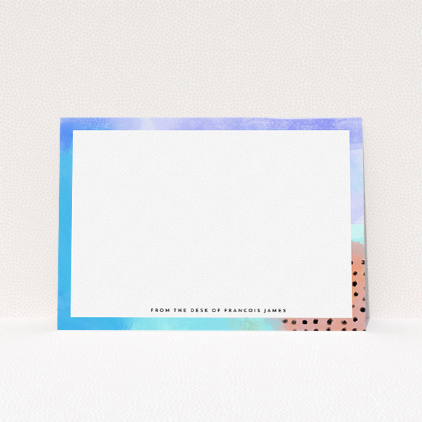 A men personalised note card named "Abstract Pastel". It is an A5 card in a landscape orientation. "Abstract Pastel" is available as a flat card, with tones of blue, light blue and light red.