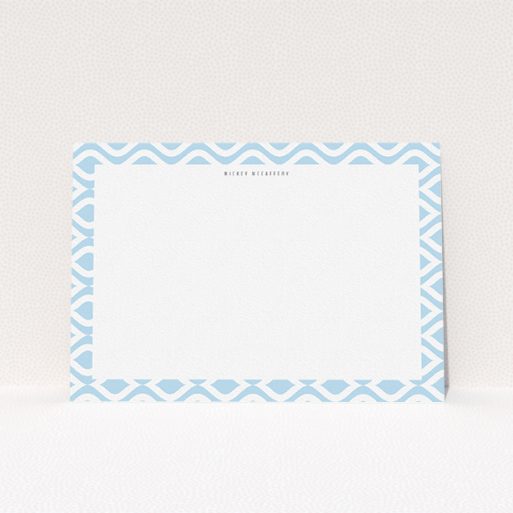 Personalised Note Card Design for Men - "Arabian diamonds" A men personalised note card design titled "Arabian diamonds". It is an A5 card in a landscape orientation. "Arabian diamonds" is available as a flat card, with tones of blue and white.