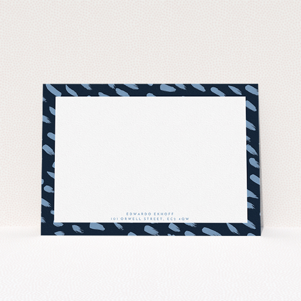 A men personalised note card template titled "Blue smudges". It is an A5 card in a landscape orientation. "Blue smudges" is available as a flat card, with tones of blue and white.