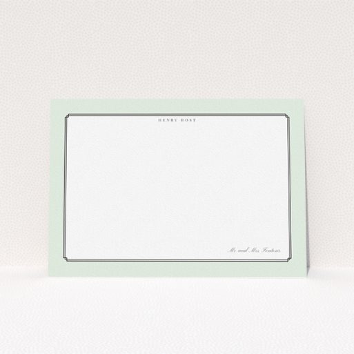 Personalised Note Card Design for Men - "Deco mint" A men personalised note card design called "Deco mint". It is an A5 card in a landscape orientation. "Deco mint" is available as a flat card, with tones of green and white.