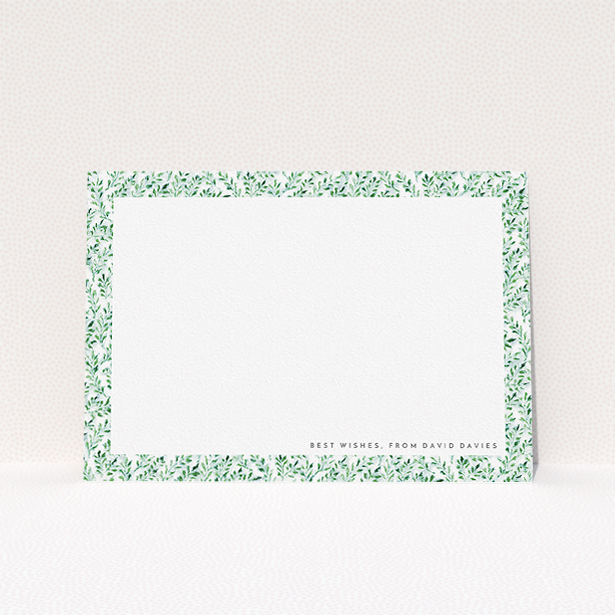 A men personalised note card called "From the hedge ". It is an A5 card in a landscape orientation. "From the hedge " is available as a flat card, with tones of green and white.