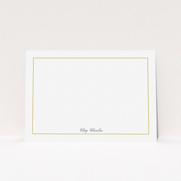 A men personalised note card design called "Gold border". It is an A5 card in a landscape orientation. "Gold border" is available as a flat card, with tones of white and Gold.