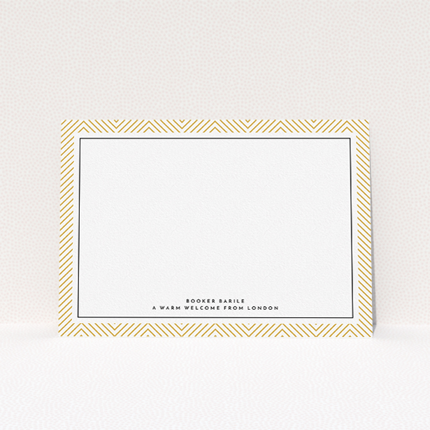A men personalised note card design called "Golden Lines". It is an A5 card in a landscape orientation. "Golden Lines" is available as a flat card, with tones of gold and white.