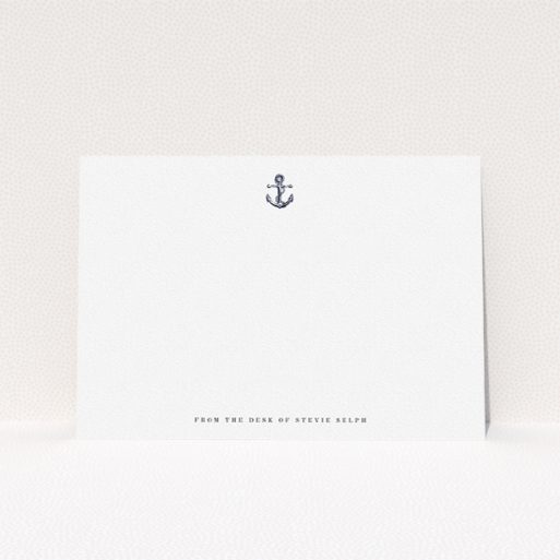 Personalised Note Card Design for Men - "Land ahoy" A men personalised note card named "Land ahoy". It is an A5 card in a landscape orientation. "Land ahoy" is available as a flat card, with tones of white and Navy blue.