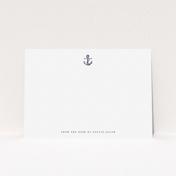 A men personalised note card named "Land ahoy". It is an A5 card in a landscape orientation. "Land ahoy" is available as a flat card, with tones of white and Navy blue.