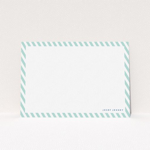 Personalised Note Card Design for Men - "Mint Diagonals" A men personalised note card design titled "Mint Diagonals". It is an A5 card in a landscape orientation. "Mint Diagonals" is available as a flat card, with tones of green and white.