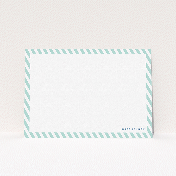 A men personalised note card design titled "Mint Diagonals". It is an A5 card in a landscape orientation. "Mint Diagonals" is available as a flat card, with tones of green and white.