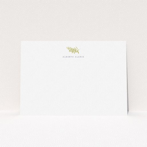 Personalised Note Card Design for Men - "Olive stamp" A men personalised note card template titled "Olive stamp". It is an A5 card in a landscape orientation. "Olive stamp" is available as a flat card, with tones of white and gold.