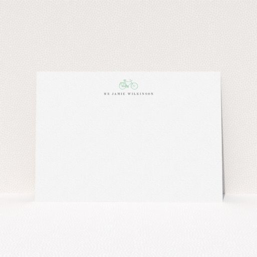 Personalised Note Card Design for Men - "Oxford bike" A men personalised note card design called "Oxford bike". It is an A5 card in a landscape orientation. "Oxford bike" is available as a flat card, with tones of white and green.