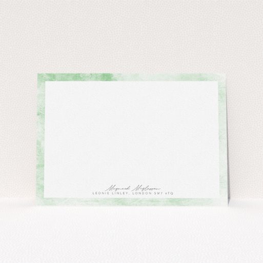 Personalised Note Card Design for Men - "Rustic Green" A men personalised note card design named "Rustic Green". It is an A5 card in a landscape orientation. "Rustic Green" is available as a flat card, with tones of green and white.