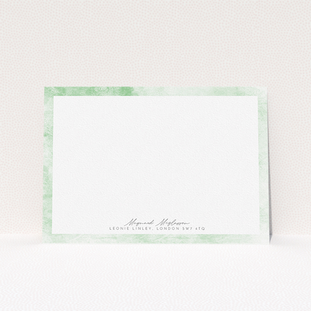 A men personalised note card design named "Rustic Green". It is an A5 card in a landscape orientation. "Rustic Green" is available as a flat card, with tones of green and white.