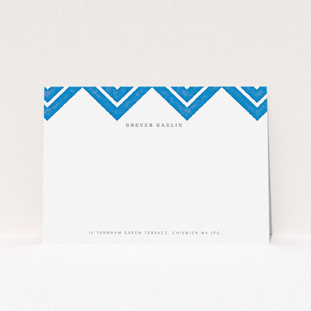 A men personalised note card template titled "Skiapthos". It is an A5 card in a landscape orientation. "Skiapthos" is available as a flat card, with tones of blue and white.