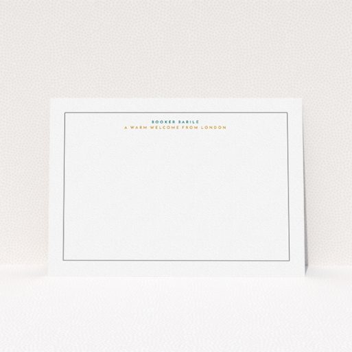 Correspondence Card Design for Men - "A warm welcome from" A mens correspondence card design titled "A warm welcome from". It is an A5 card in a landscape orientation. "A warm welcome from" is available as a flat card, with tones of white and green.
