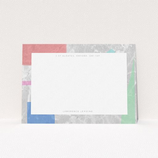 Correspondence Card Design for Men - "Abstract Stone" A mens correspondence card design called "Abstract Stone". It is an A5 card in a landscape orientation. "Abstract Stone" is available as a flat card, with tones of red, grey and green.