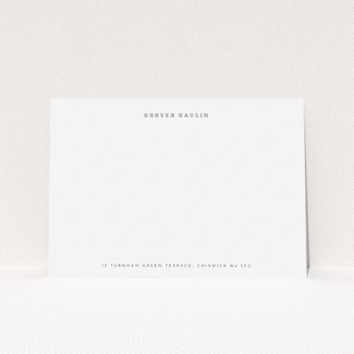 Correspondence Card Design for Men - "Attachable" A mens correspondence card named "Attachable". It is an A5 card in a landscape orientation. "Attachable" is available as a flat card, with mainly white colouring.