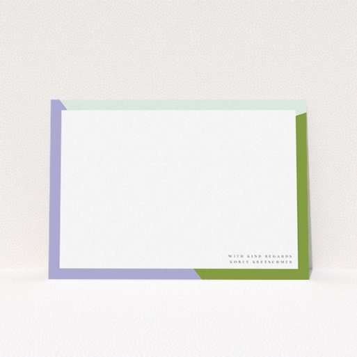 Correspondence Card Design for Men - "Colour Thirds" A mens correspondence card template titled "Colour Thirds". It is an A5 card in a landscape orientation. "Colour Thirds" is available as a flat card, with tones of white, green and light blue.