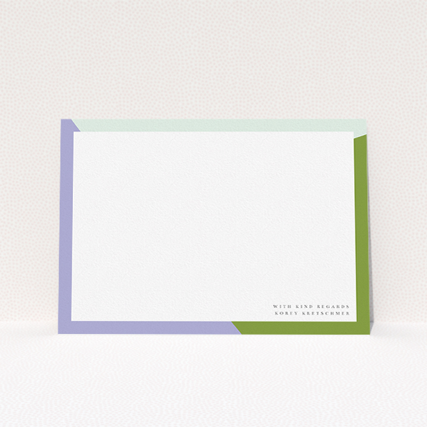 A mens correspondence card template titled "Colour Thirds". It is an A5 card in a landscape orientation. "Colour Thirds" is available as a flat card, with tones of white, green and light blue.