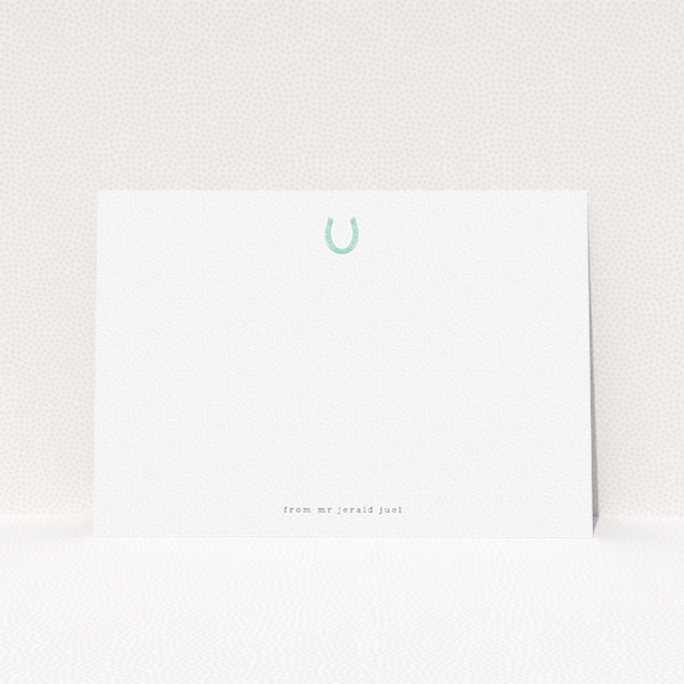 A mens correspondence card design named "Everyone needs luck". It is an A5 card in a landscape orientation. "Everyone needs luck" is available as a flat card, with tones of white and blue.