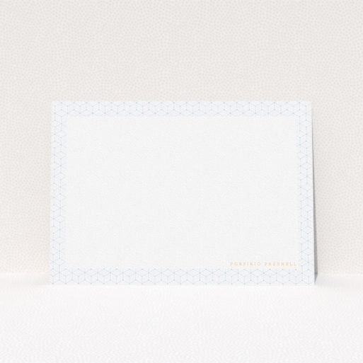 Correspondence Card Design for Men - "Isotropic " A mens correspondence card named "Isotropic ". It is an A5 card in a landscape orientation. "Isotropic " is available as a flat card, with tones of blue and white.