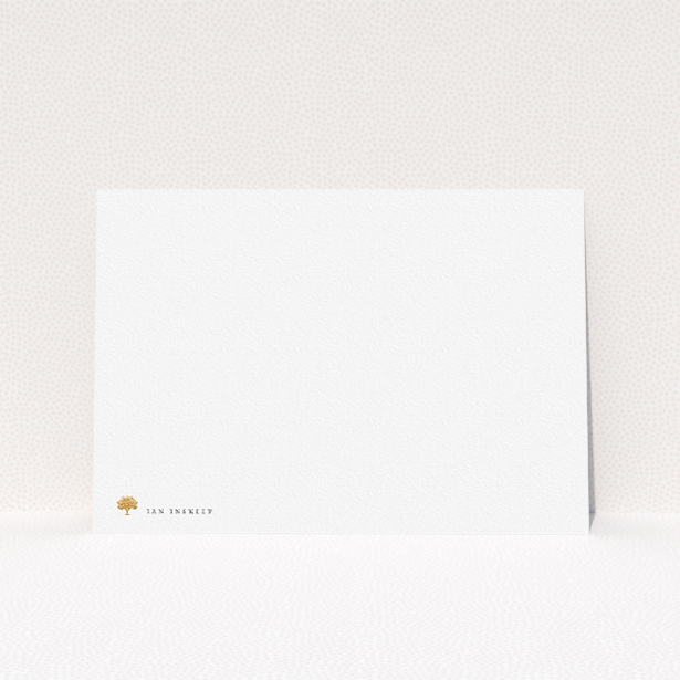 A mens correspondence card design called "Oak in the field". It is an A5 card in a landscape orientation. "Oak in the field" is available as a flat card, with tones of white and Dark orange.