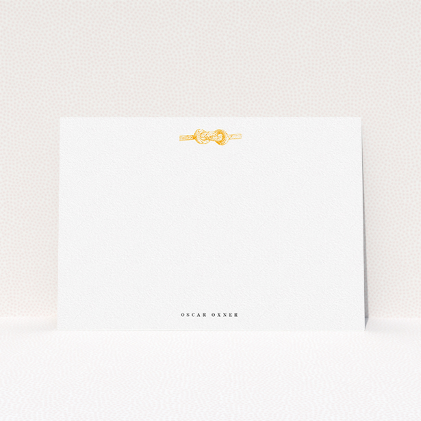 A mens correspondence card design called "Tied the knot". It is an A5 card in a landscape orientation. "Tied the knot" is available as a flat card, with tones of white and orange.
