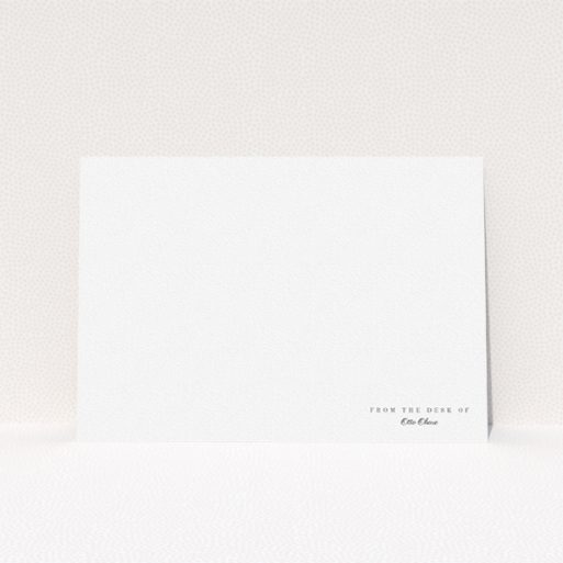 Correspondence Card Design for Men - "Tucked in the corner" A mens correspondence card named "Tucked in the corner". It is an A5 card in a landscape orientation. "Tucked in the corner" is available as a flat card, with mainly white colouring.