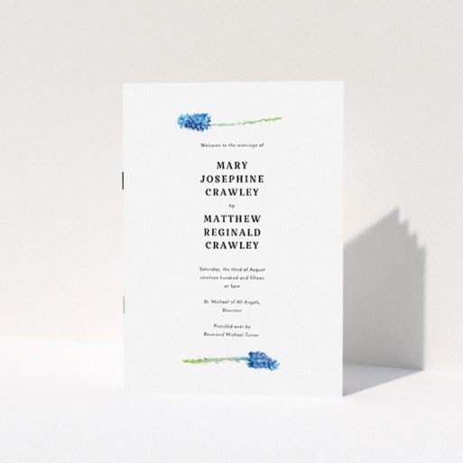 Multi-page Wedding Order of Service Design - "A new bloom" A multipage wedding order of service template titled "A new bloom". It is an A5 booklet in a portrait orientation. "A new bloom" is available as a folded booklet booklet, with tones of white and green.