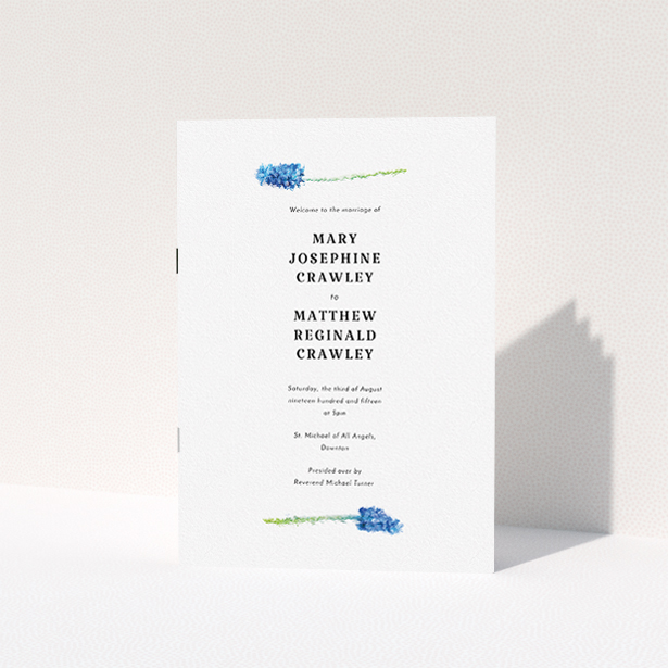 A multipage wedding order of service template titled "A new bloom". It is an A5 booklet in a portrait orientation. "A new bloom" is available as a folded booklet booklet, with tones of white and green.