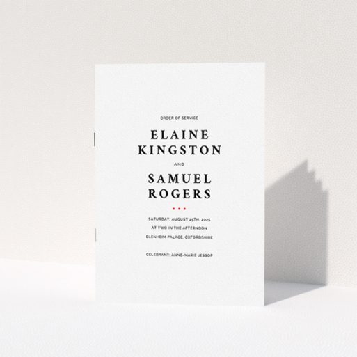 Multi-page Wedding Order of Service Design - "A Splash of Colour" A multipage wedding order of service called "A Splash of Colour". It is an A5 booklet in a portrait orientation. "A Splash of Colour" is available as a folded booklet booklet, with tones of white and Red.