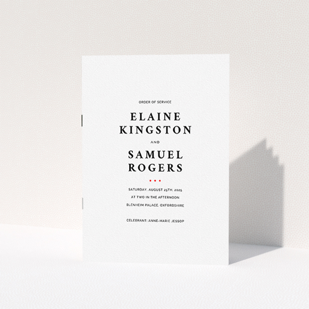 A multipage wedding order of service called "A Splash of Colour". It is an A5 booklet in a portrait orientation. "A Splash of Colour" is available as a folded booklet booklet, with tones of white and Red.