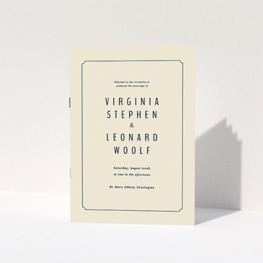 Multi Page Wedding Order Of Service - Around The Corner (Cream) A multipage wedding order of service design named "Around the corner". It is an A5 booklet in a portrait orientation. "Around the corner" is available as a folded booklet booklet, with tones of cream and navy blue.