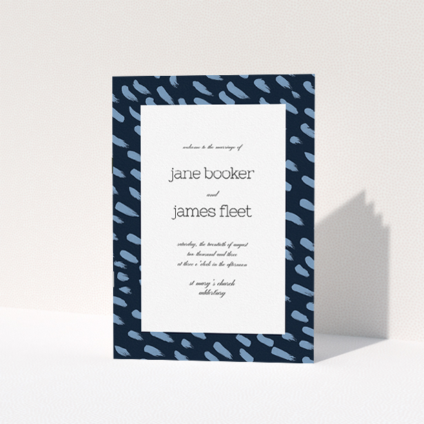 A multipage wedding order of service design named "Blue strokes". It is an A5 booklet in a portrait orientation. "Blue strokes" is available as a folded booklet booklet, with tones of blue and white.