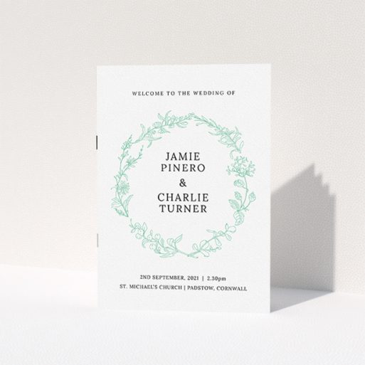 Multi-page Wedding Order of Service Design - "Botanicals" A multipage wedding order of service design called "Botanicals". It is an A5 booklet in a portrait orientation. "Botanicals" is available as a folded booklet booklet, with tones of green and white.