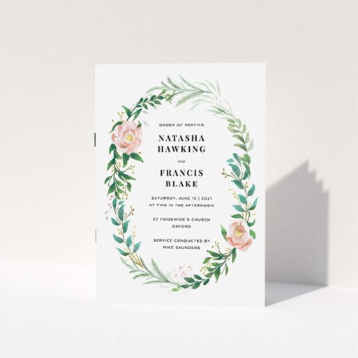Multi-page Wedding Order of Service Design - "Classic Floral Order of Service" A multipage wedding order of service design titled "Classic Floral Order of Service". It is an A5 booklet in a portrait orientation. "Classic Floral Order of Service" is available as a folded booklet booklet, with tones of white, light green and pink.