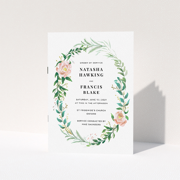 A multipage wedding order of service design titled "Classic Floral Order of Service". It is an A5 booklet in a portrait orientation. "Classic Floral Order of Service" is available as a folded booklet booklet, with tones of white, light green and pink.