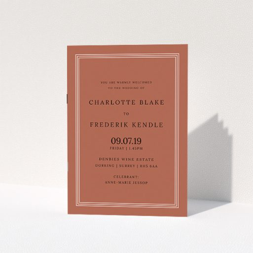 Multi-page Wedding Order of Service Design - "Dark Ochre Classic" A multipage wedding order of service template titled "Dark Ochre Classic". It is an A5 booklet in a portrait orientation. "Dark Ochre Classic" is available as a folded booklet booklet, with mainly dark orange colouring.