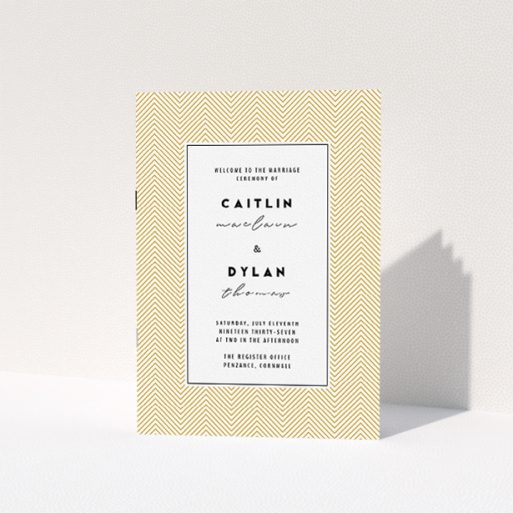 Multi-page Wedding Order of Service Design - "Golden Lines" A multipage wedding order of service called "Golden Lines". It is an A5 booklet in a portrait orientation. "Golden Lines" is available as a folded booklet booklet, with tones of gold and white.