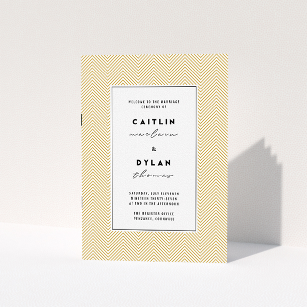 A multipage wedding order of service called "Golden Lines". It is an A5 booklet in a portrait orientation. "Golden Lines" is available as a folded booklet booklet, with tones of gold and white.