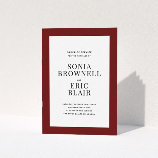 Multi Page Wedding Order Of Service - Laydown Simple (Maroon) A multipage wedding order of service template titled "Laydown simple". It is an A5 booklet in a portrait orientation. "Laydown simple" is available as a folded booklet booklet, with tones of burgundy and white.