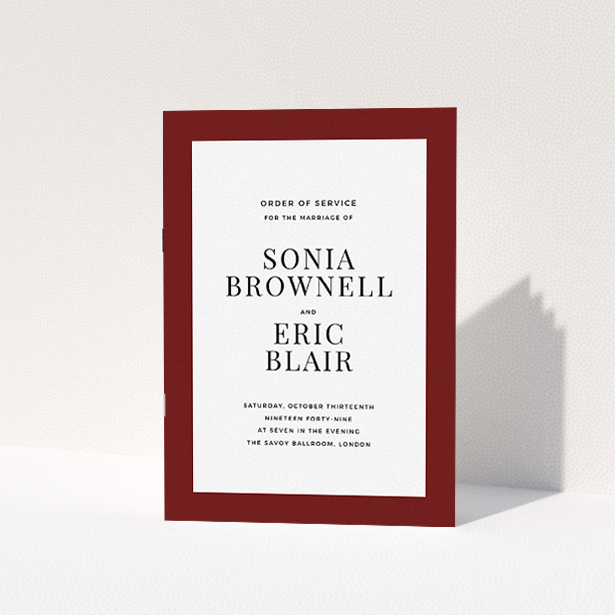 A multipage wedding order of service template titled "Laydown simple". It is an A5 booklet in a portrait orientation. "Laydown simple" is available as a folded booklet booklet, with tones of burgundy and white.