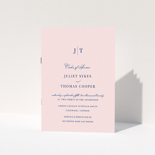 A multipage wedding order of service design titled "Monogrammed Pink". It is an A5 booklet in a portrait orientation. "Monogrammed Pink" is available as a folded booklet booklet, with mainly pink colouring.