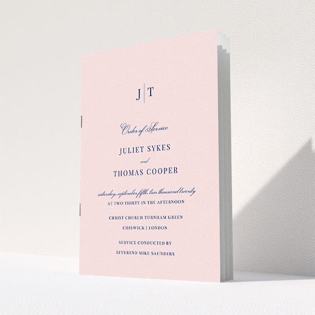 A multipage wedding order of service design titled "Monogrammed Pink". It is an A5 booklet in a portrait orientation. "Monogrammed Pink" is available as a folded booklet booklet, with mainly pink colouring.