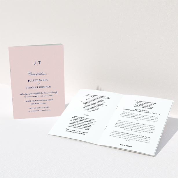 A multipage wedding order of service design titled "Monogrammed Pink". It is an A5 booklet in a portrait orientation. "Monogrammed Pink" is available as a folded booklet booklet, with mainly pink colouring.