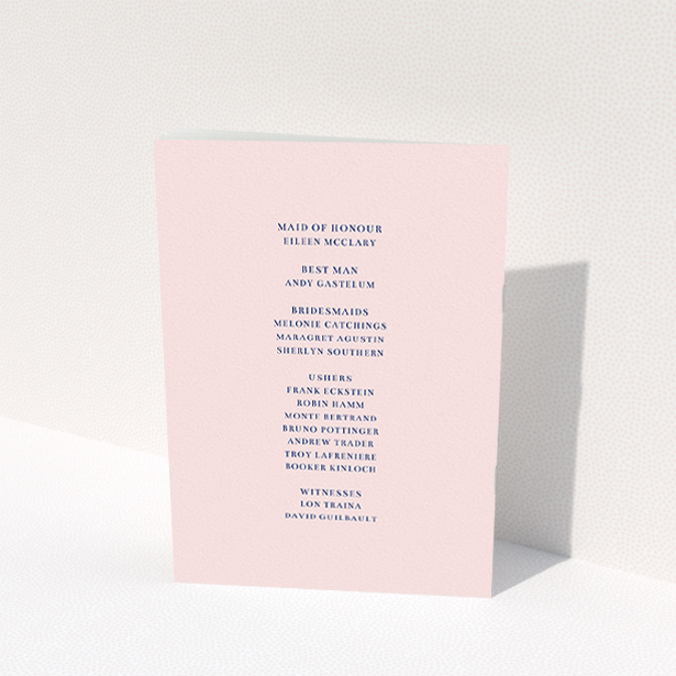 A multipage wedding order of service design titled "Monogrammed Pink". It is an A5 booklet in a portrait orientation. "Monogrammed Pink" is available as a folded booklet booklet, with mainly pink colouring.