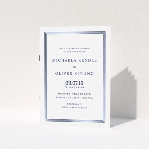 Multi-page Wedding Order of Service Design - "Navy Blue Classic" A multipage wedding order of service design named "Navy Blue Classic". It is an A5 booklet in a portrait orientation. "Navy Blue Classic" is available as a folded booklet booklet, with tones of blue and white.