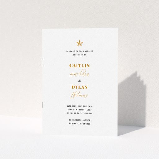 Wedding Order Of Service Booklet - North Star (Gold) A multipage wedding order of service design named "North Star". It is an A5 booklet in a portrait orientation. "North Star" is available as a folded booklet booklet, with tones of white and gold.