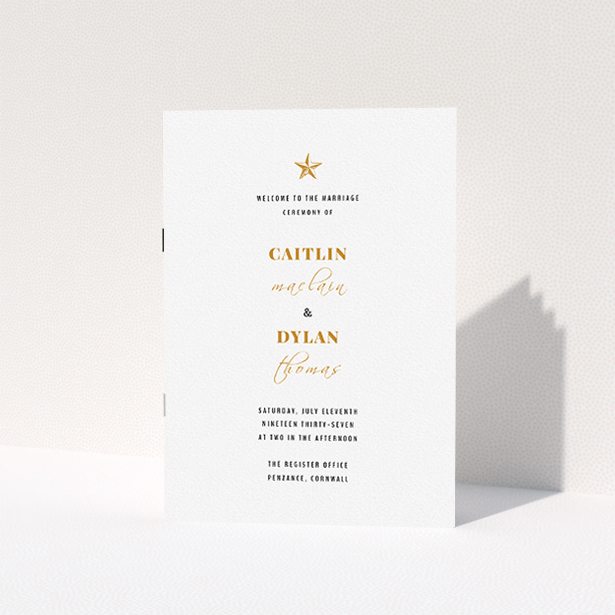 A multipage wedding order of service design named "North Star". It is an A5 booklet in a portrait orientation. "North Star" is available as a folded booklet booklet, with tones of white and gold.