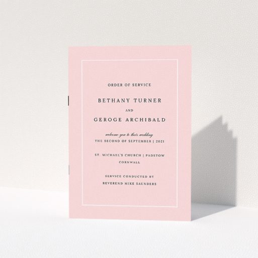 Multi-page Wedding Order of Service Design - "Salmon Pink Classic" A multipage wedding order of service named "Salmon Pink Classic". It is an A5 booklet in a portrait orientation. "Salmon Pink Classic" is available as a folded booklet booklet, with tones of pink and white.