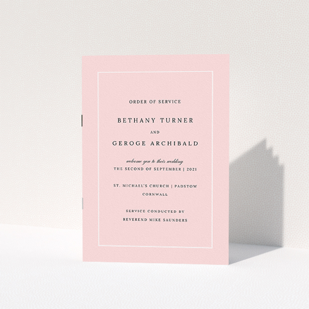 A multipage wedding order of service named "Salmon Pink Classic". It is an A5 booklet in a portrait orientation. "Salmon Pink Classic" is available as a folded booklet booklet, with tones of pink and white.