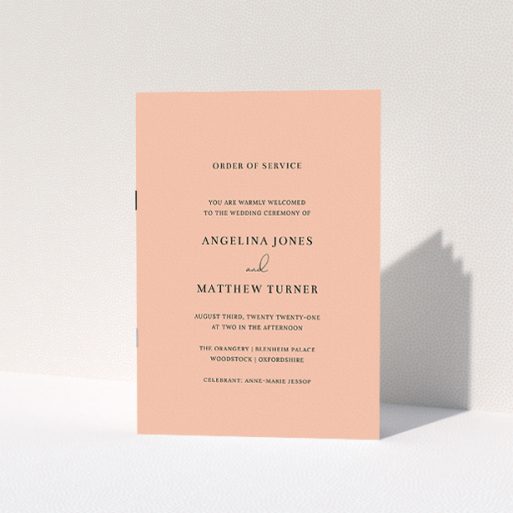 Multi-page Wedding Order of Service Design - "Salmon Pink Simple" A multipage wedding order of service template titled "Salmon Pink Simple". It is an A5 booklet in a portrait orientation. "Salmon Pink Simple" is available as a folded booklet booklet, with mainly pink colouring.